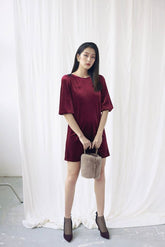 Velvet mini dress with half sleeves and tailored silhouette for modern evening styling